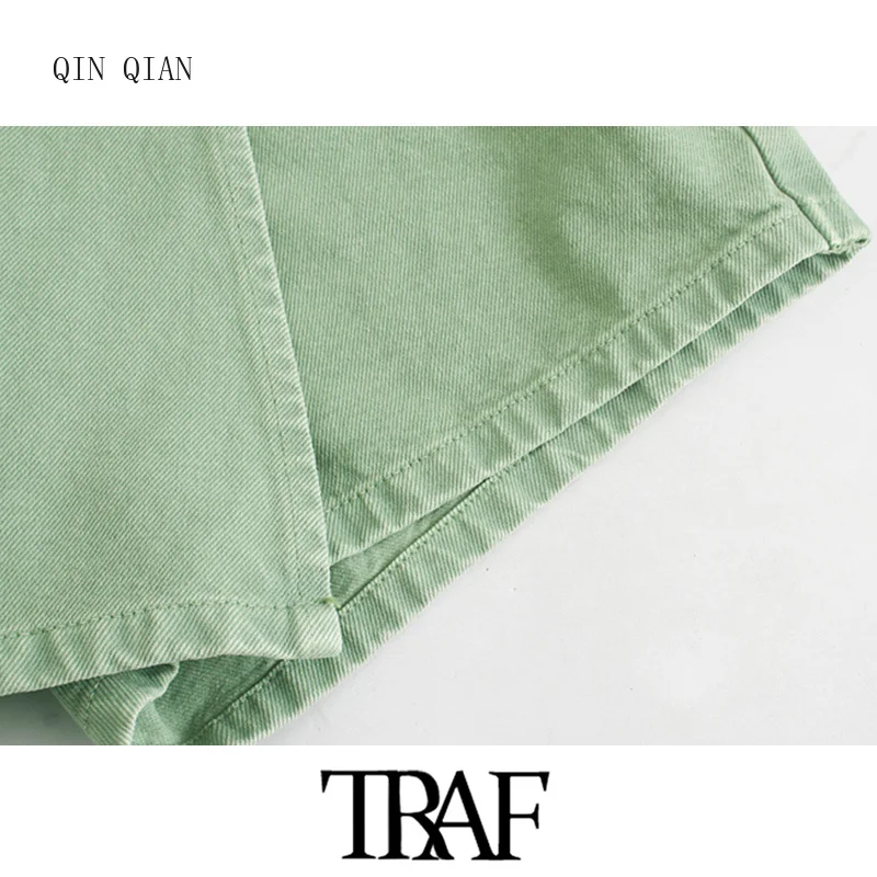 Women Chic Fashion Asymmetric Wrap Style Denim Shorts Skirts Vintage Zipper Fly Pockets Female Skort Pantalones