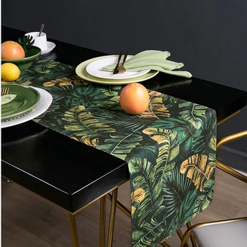 

Modern jungle green plants printed table runner cotton linen tablecloth dust proof table cover