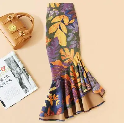 Размера плюс 4XL! Асимметричная юбка рыбий хвост с высокой талией, женская зимняя юбка с принтом в виде листьев, шерстяная Офисная Женская юбка TB3752