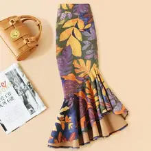 Размера плюс 4XL! Асимметричная юбка рыбий хвост с высокой талией, женская зимняя юбка с принтом в виде листьев, шерстяная Офисная Женская юбка TB3752