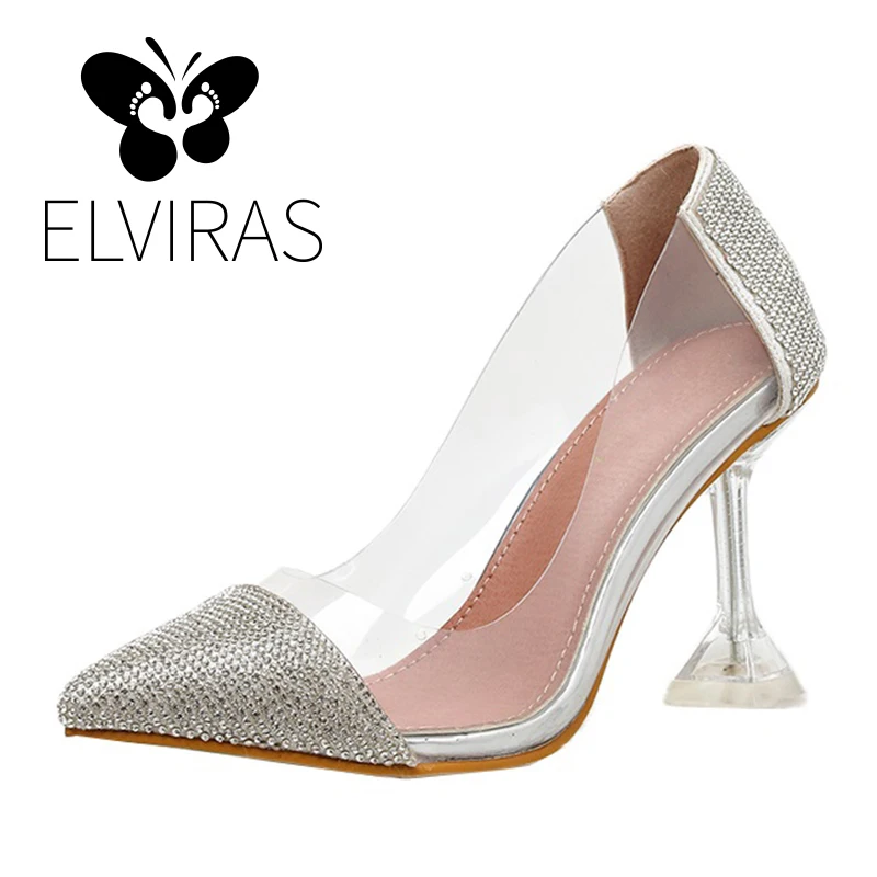 

ELVIRAS Clear PVC Transparent Pumps Sandals Rhinestone Perspex Heel Stilettos High Heels Point Toes Womens Party Shoes Pump