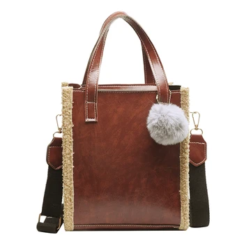

Casual Durable Fleece Splicing Shoulder Bags Fur Ball Ornaments Messenger Top-handle Bag Fashion PU Leather Crossbody Bags