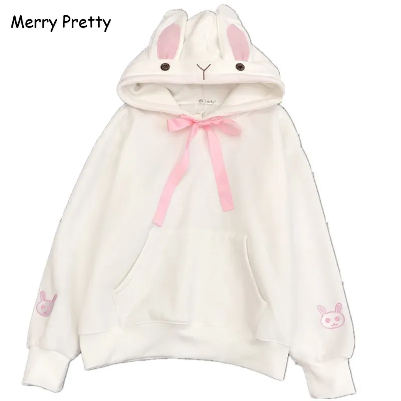  Merry Pretty Kawaii Sweet Rabbit Ears Hooded Sweatshirt Women Harajuku Cartoon Embroidery Hoodies T
