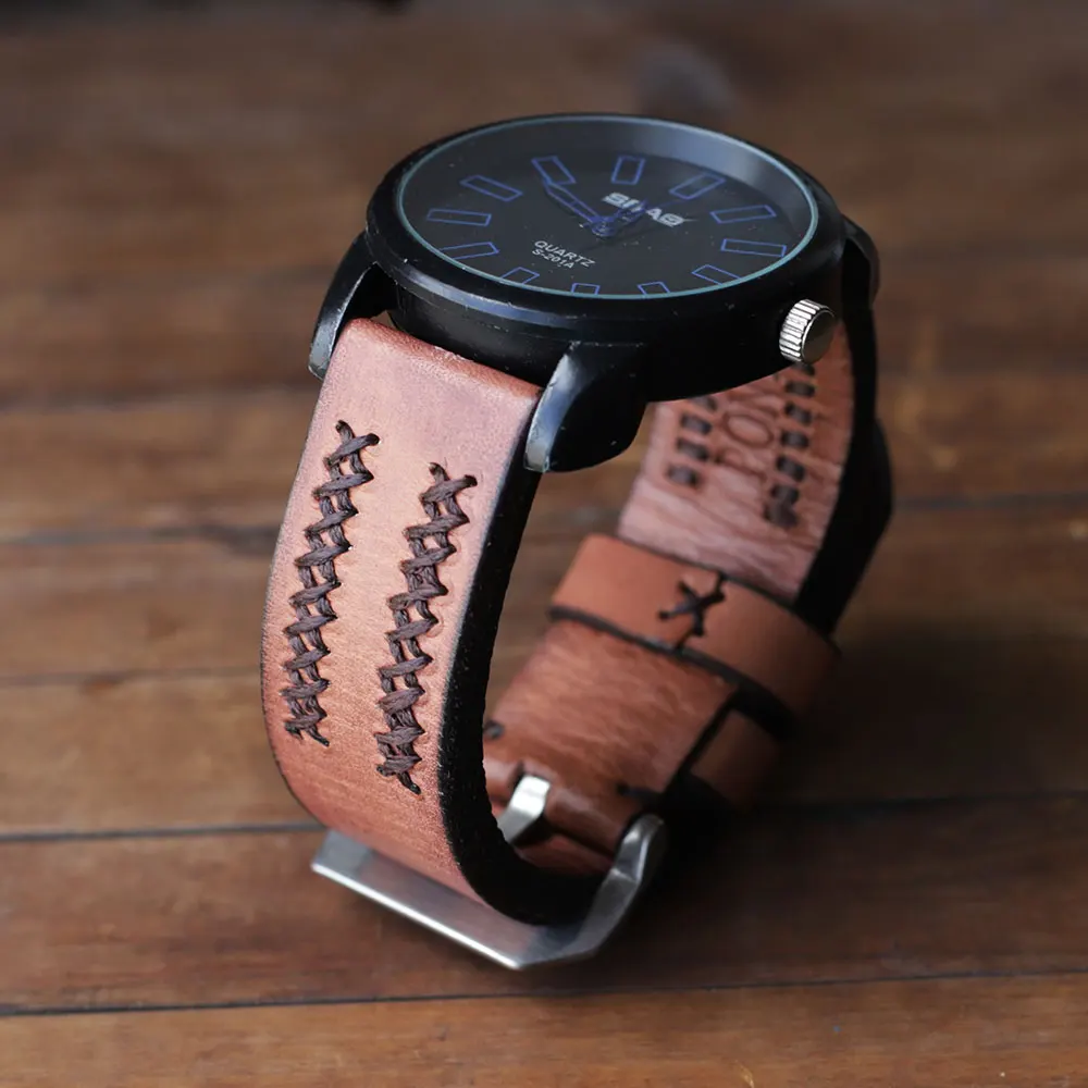 Vintage Handmade Watch Strap 24mm Genuine Leather Watchband Wristband For Men Watch Accessories With Stainless Steel Buckle