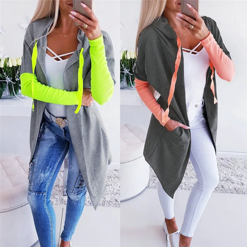

Autumn Winter Trench Coats For Women Manteau Femme Casual Patchwork Hooded Windbreaker Outwear Open Stitch Coat Fashion Clothes