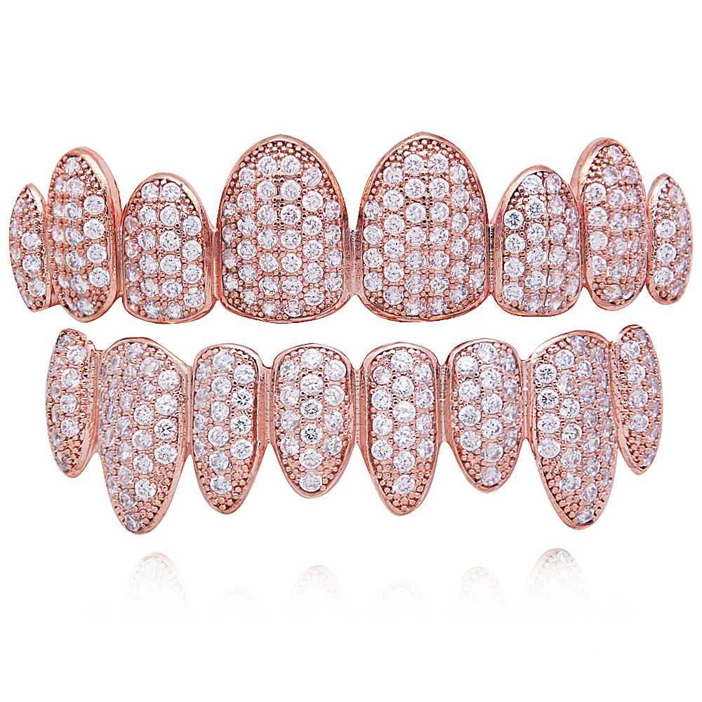 LuReen Iced Out Grillz Vampire Fangs Grillz Top Bottom Gold Teeth Hip Hop Tooth Caps CZ Crystal Bling Grillz Rapper Jewelry
