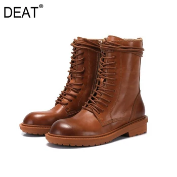 

[DEAT] 2019 Round Toe Bandage Pu Leather Casual Velvet Shoes Women Flat Short Boots New Autumn Winter Fashion Tide 19I-a168