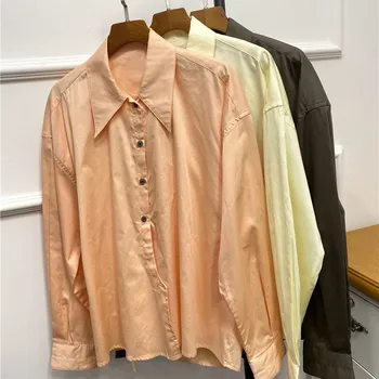 

100% Cotton Women Blouse Turn-down Collar Single Breasted Solid Color Simple Long Sleeve Shirts