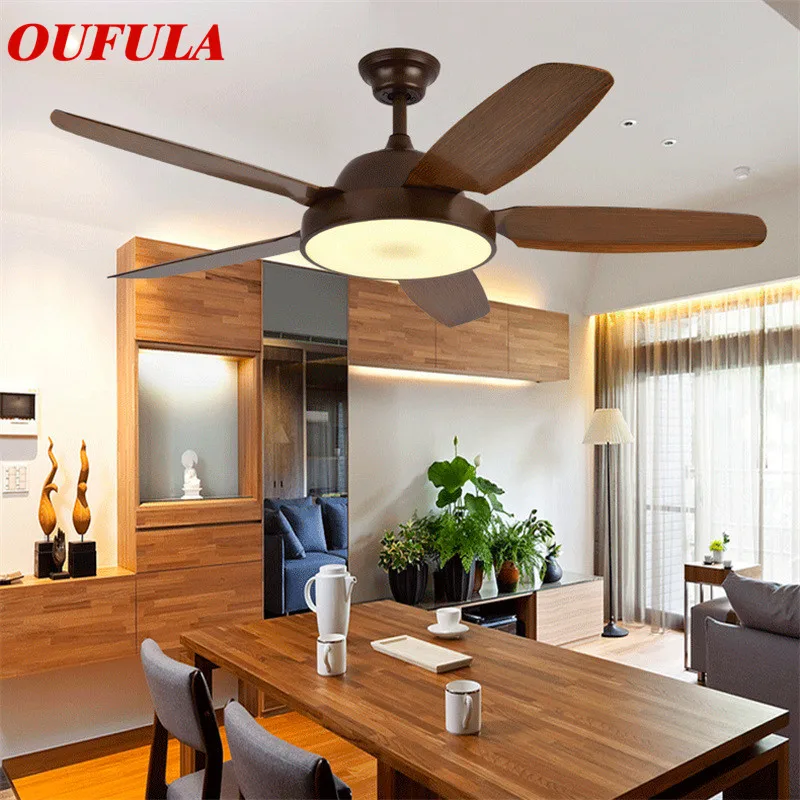 OUFULA Modern Ceiling Fan Lights Lamps Brown Fan Blade With Remote Control  Suitable For Dining Room Bedroom Restaurant