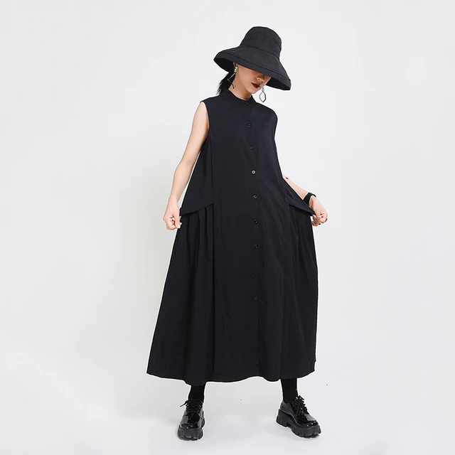 [EAM] Women Khaki Split Pleated Long  Dress New Stand Collar Sleeveless Loose Fit Fashion Tide Spring Summer 2022 1Y353 6