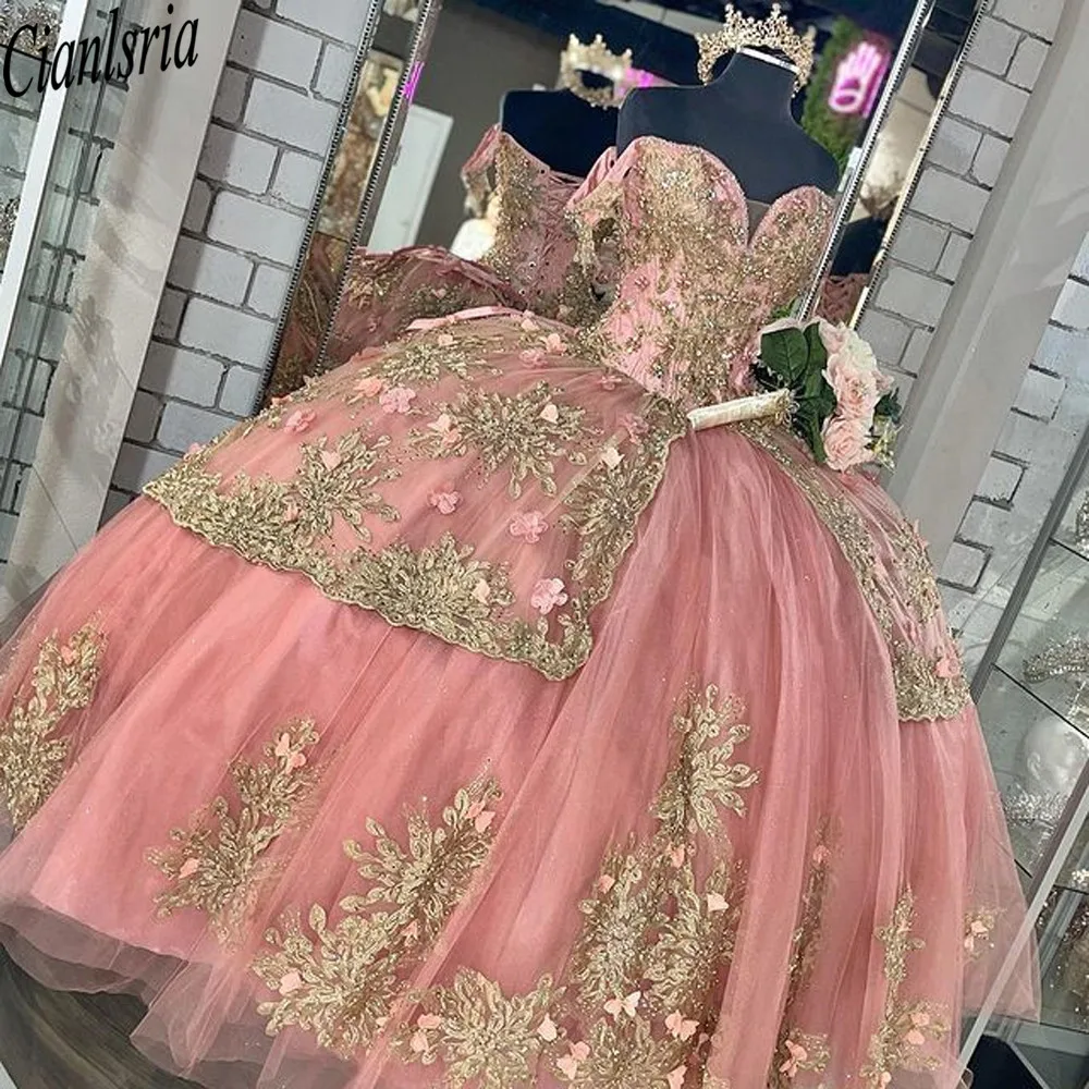 

Quinceanera Dresses PinkSweet 16 Dress With Gold Appliqued Beaded Corset Ball Gown Prom robe de princesse fille
