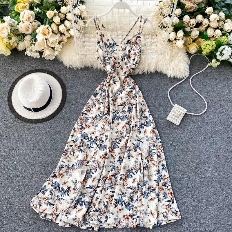 

Women Beach Dress Maxi Holiday Dress 2020 Summer V-neck Open-back Cross Straps Waist Fresh Split Slim Maxi Dresses for Women