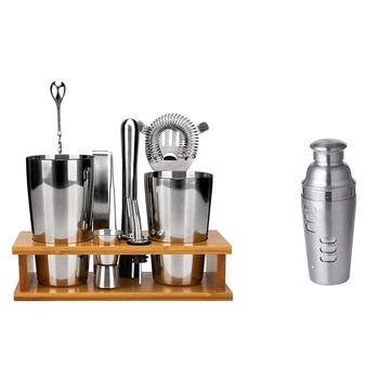 

1pcs Cocktail Shaker Stainless Steel 24Oz Kit & 1 set Stainless Steel Bartender Set with Bamboo Base