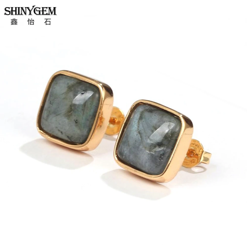 

ShinyGem Vintage Square Shape 12*12mm Dark Gray Natural Labradorite Stud Earrings Gold Plating Sparkly Stone Earrings For Women