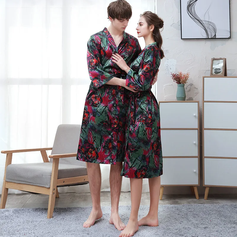 Mens Summer Print Faux Silk Robes Male Senior Satin Sleepwear Nightgown Long Kimono Dressing Gown Bathrobe Holiday Man Lovers