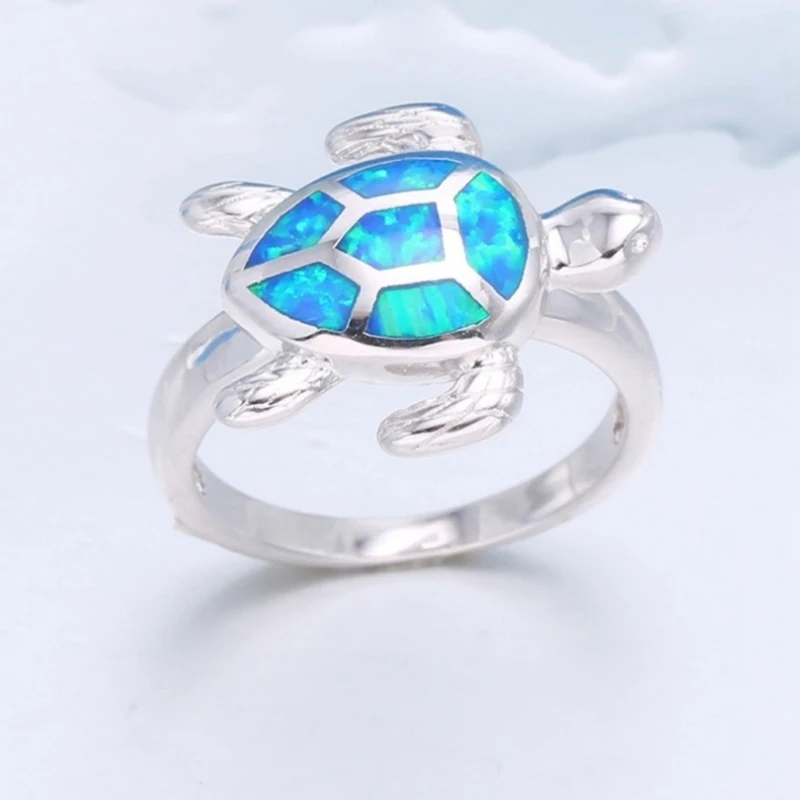 Милое кольцо с голубым огненным опалом в виде черепахи для женщин, аксессуары, модные ювелирные изделия, Женское кольцо для свадебной вечеринки, подарок для девочки