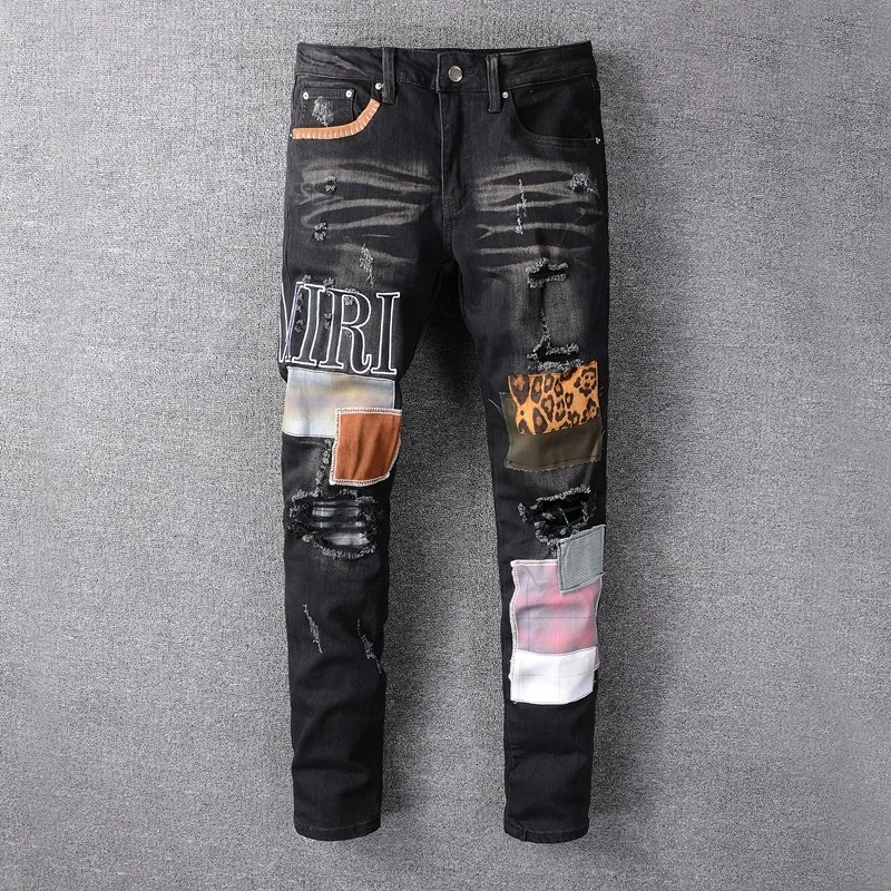 Hip Hop Vaqueros Hombre moda de venta al por menor nuevo negro parche bordado Stretch pantalones vaqueros ceñidos de verano Hombre Vaqueros