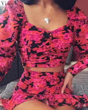 

Women Chiffon Floral Print Two-Piece Set Summer Square Neck Long Sleeve Top and Pleated Mini Dress Set Women Printed Suits