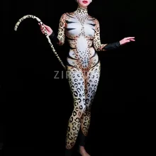Модный комбинезон с леопардовым рисунком кошки для косплея, Женское боди для певицы, сценический наряд для танцев, выпускного, бара, модельный наряд для шоу