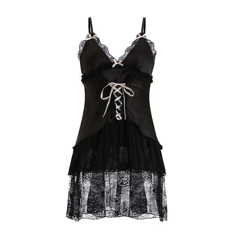 Sexy Cross Straps Nightdress Women Lace Hollow Out Sleepwear Thin Satin Ladies Sleeveless Nightwear Sling Dress Female Nightgown