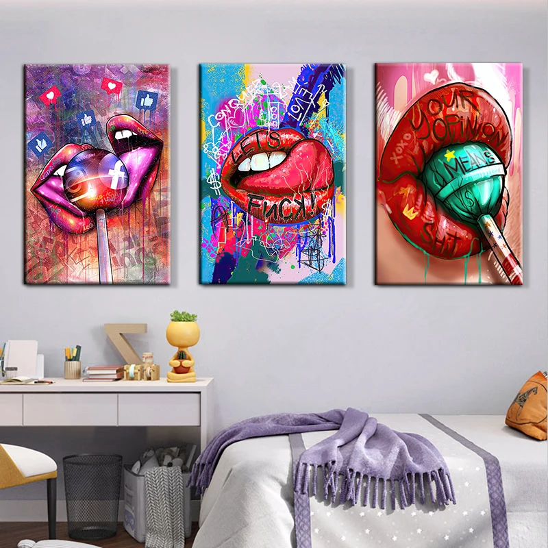 

Pop Street Graffiti Art Girl Sexy Lip Canvas Painting Wall Art Poster and Prints Modular Picture For Living Room Home Wall Decor