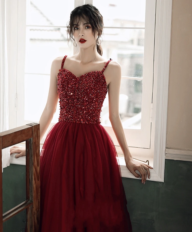 

Sexy Sweetheart Straps Long Evening Dress 2020 Burgundy New Arrivals Backless Sparkly Beading Prom Party Gowns Abendkleider Lang