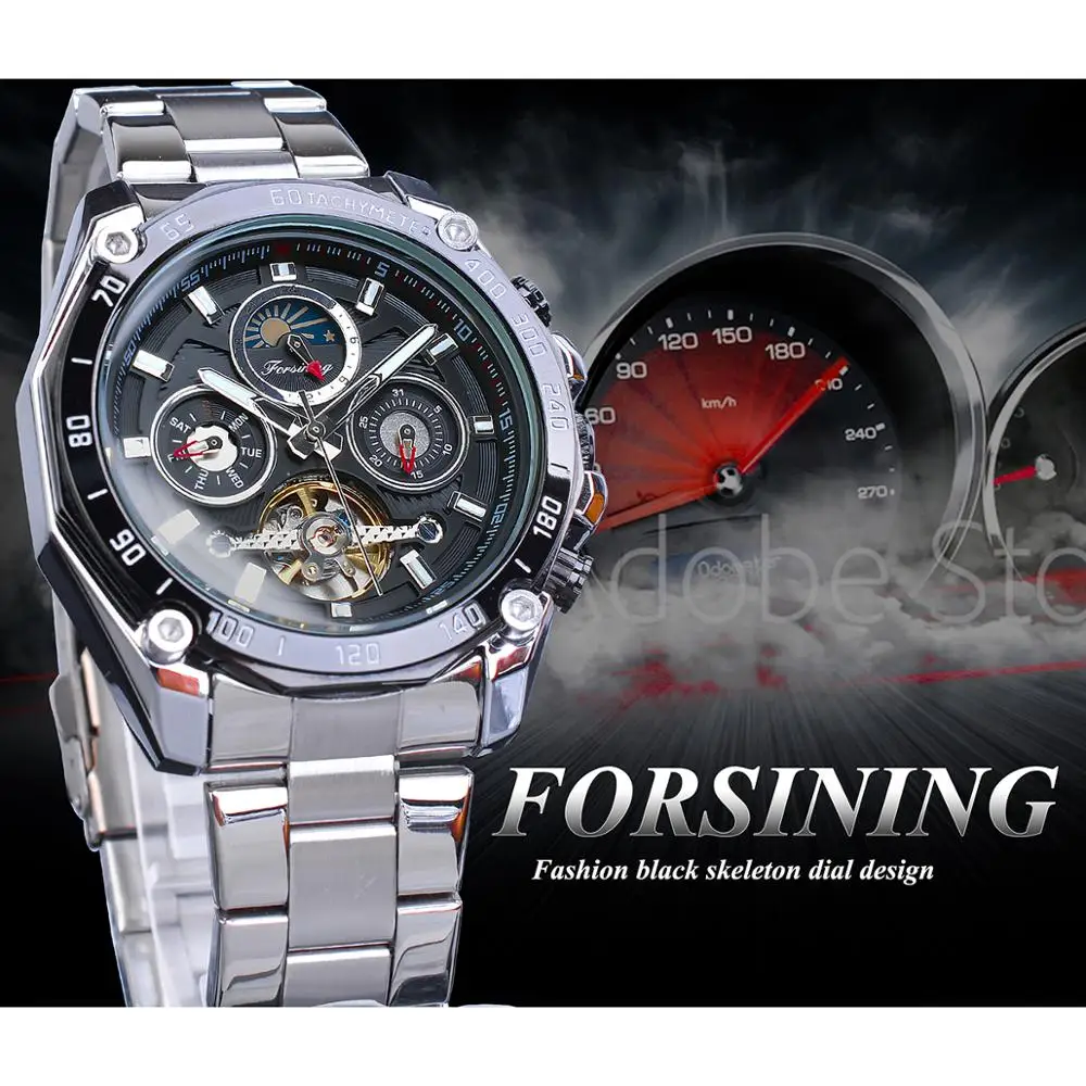 Forsining брендовые черные мужские механические часы с автоматическим подзаводом многофункциональные Tourbillon Moon Phase Date Racing Sport steel Band Relogio