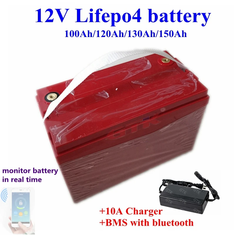 

Waterproof 12V 100Ah 120Ah 130Ah 150Ah Lifepo4 batteryBMS with bluetooth for 1200w solar system motor home boat RV+10A charger
