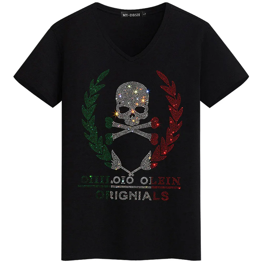 Big size 5XL Mask Unique Man Shinning Diamond Stone T-shirt Short Sleeve high quality Peking Opera Rhinestone Print men t shirts - Цвет: T009-V-Black