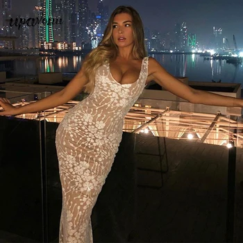 

Elegant Floral Mesh Sequin Sexy Dress Women Bodycon Nightclub Party Dress Summer Fashion Women White Dress Long Maxi Vestidos