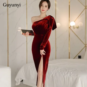 

Red Velvet Elegant Party Dress Spring 2020 Asymmetry Diagonal Collar Single-Sided Long Sleeve High Waist Tight Women's Dresses