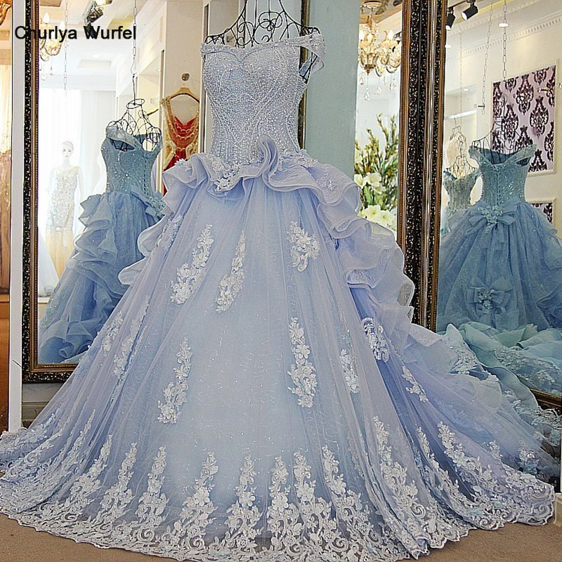 

LS57001 Vestido De Casamento Ball Gown Beading Lace Up Back Ivory and Blue Organza Rhinestones Bridal Wedding Gowns