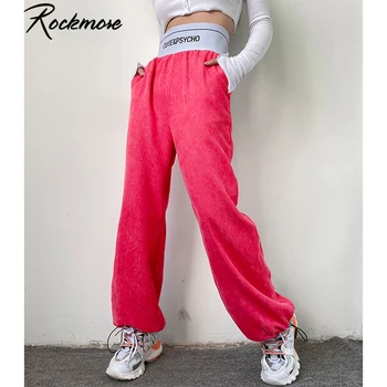 

Rockmore Letter Print Drawstring Pencil Pants Women Pink Oversized Joggers Harajuku Sweatpants Black Ribbed Wide Leg Pants Femme