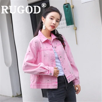 

RUGOD Women pink denim jacket turn down collar pearls slim high waist jean coat new fashion femme campera mujer korean outerwear