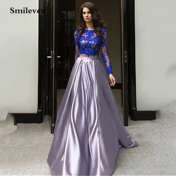 

Smileven 2 Pieces Lace Evening Dress Long Sleeve Open Back Prom Dress Women Soft Satin Long Evening Party Gown Custom Made