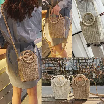 

Hand-Woven Women Rattan Bag Straw Purse Handmade Wicker Crossbody Beach Bag Gift New