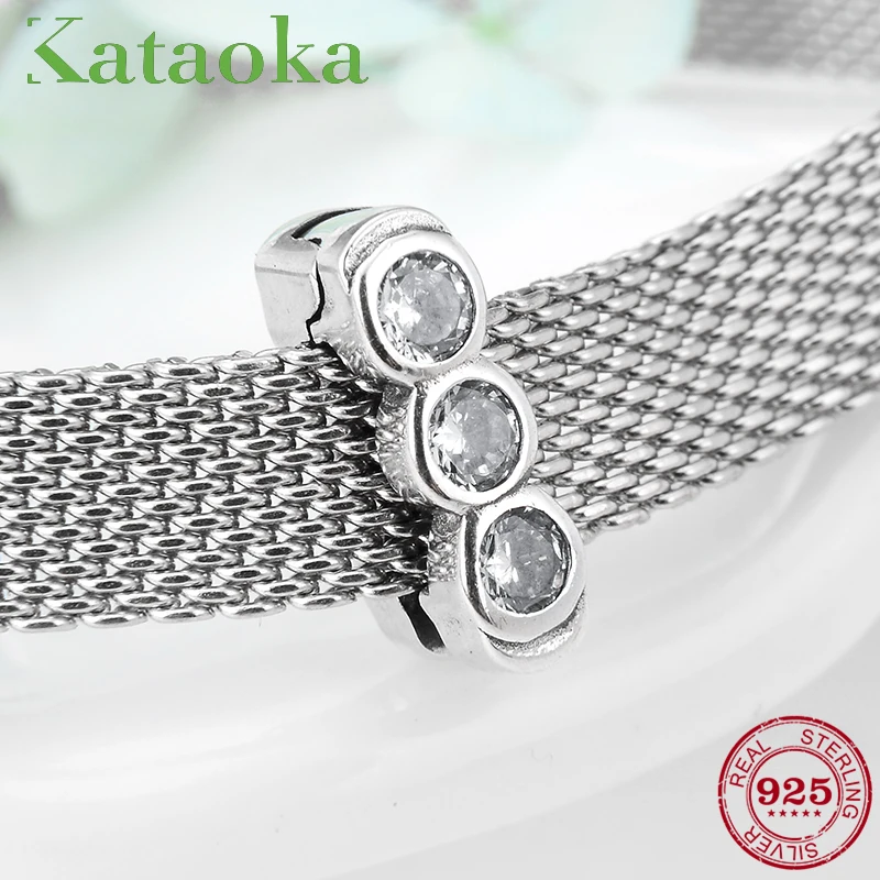 

925 Sterling Silver clear Crystal Zircon peanut shape Clip Lock beads fit charms Reflection Bracelet For Women Jewelry making