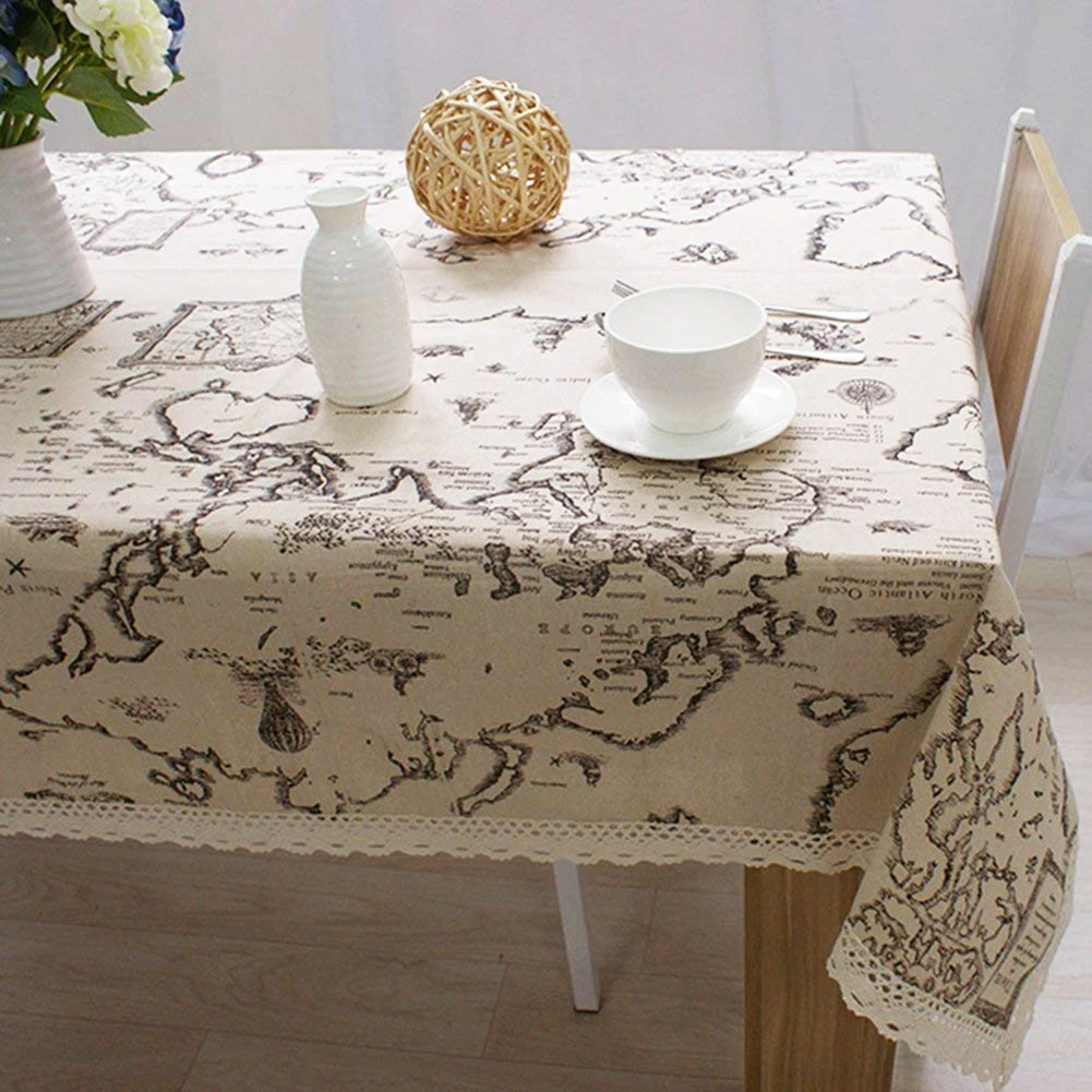 1Pc Retro Voyage Map Pattern Lace Cotton Linen Fabric Tablecloth Table Cover Decor Dining Decorative Table Cover Tafelkleed