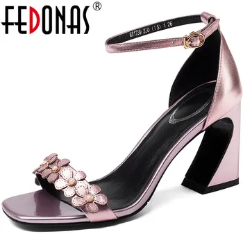 

FEDONAS Classic New Thick Heels Pumps Sexy Genuine Leather Women Sandals Famale Flower Night Club 2020 Summer Autumn Shoes Woman