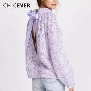 

CHICEVER Bowknot Backless Women's Sweater O Neck Lace Up Long Sleeve Oversized Knitted Korean Pullover Female 2020 Autumn Winter