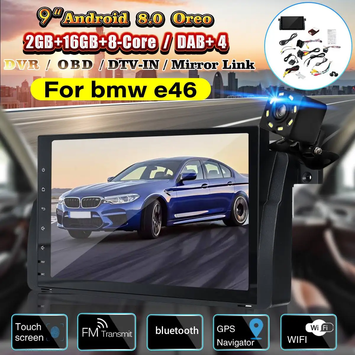

9" 1 Din Auto Car Multimedia Stereo GPS Radio Rear View Camera Sat Nav OBD WiFi for BMW E46 3 Series hatchback Touring Coupe