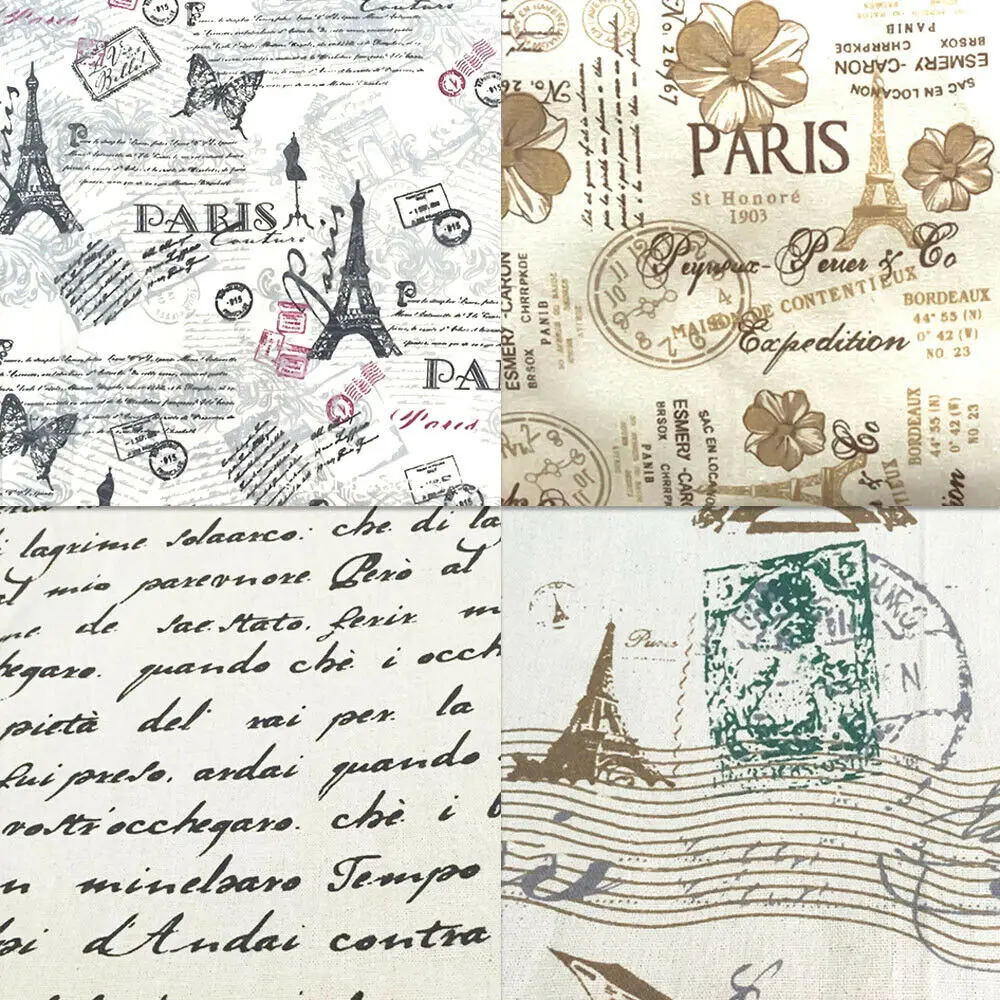 70x45CM Eiffel Tower Seal Pattern Fabric Cotton Linen For DIY Tablecloth Curtain Cushion Furniture Cover Quilting Decor Material