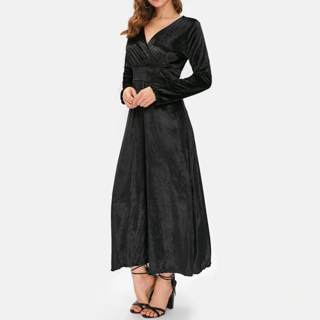 Autumn Women Dress Casual Full Sleeve V-Neck Ruched Dresses Thin Floral Solid Color Long Kaftan Dress Spring Ladies Girls 806