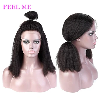 

FEEL ME Kinky Straight Short Human Hair Bob Wigs Brazilian 13x4 Lace Front Wigs 150% Yaki Straight Remy Hair Wigs For Women