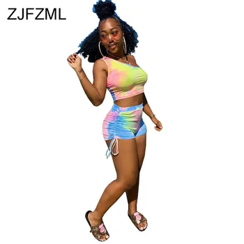 

Rainbow Tie Dye Outfits 2 Piece Matching Sets Women One Shoulder Sleeveless Crop Top And Draped Biker Short Sweat Suit Tracksuit