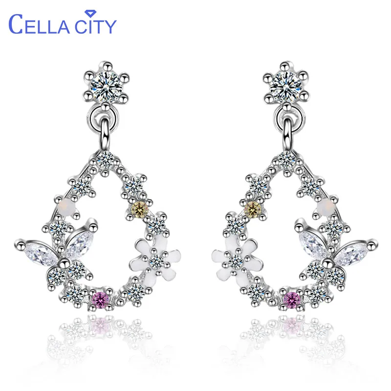 Серьги-капельки женские из серебра 925 пробы с бабочкой и цветком | Украшения