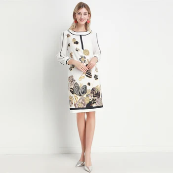 

Xiaomoli Round neck seven-point sleeve vintage print dress for autumn/winter 2019