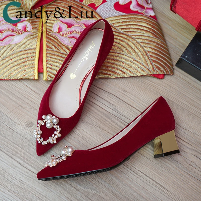 Zapatos de boda con tacones cuadrados gruesos de 5cm para mujer, ropa china  de vestido de novia embarazada roja con decoración de perlas, 2021|Zapatos  de tacón de mujer| - AliExpress