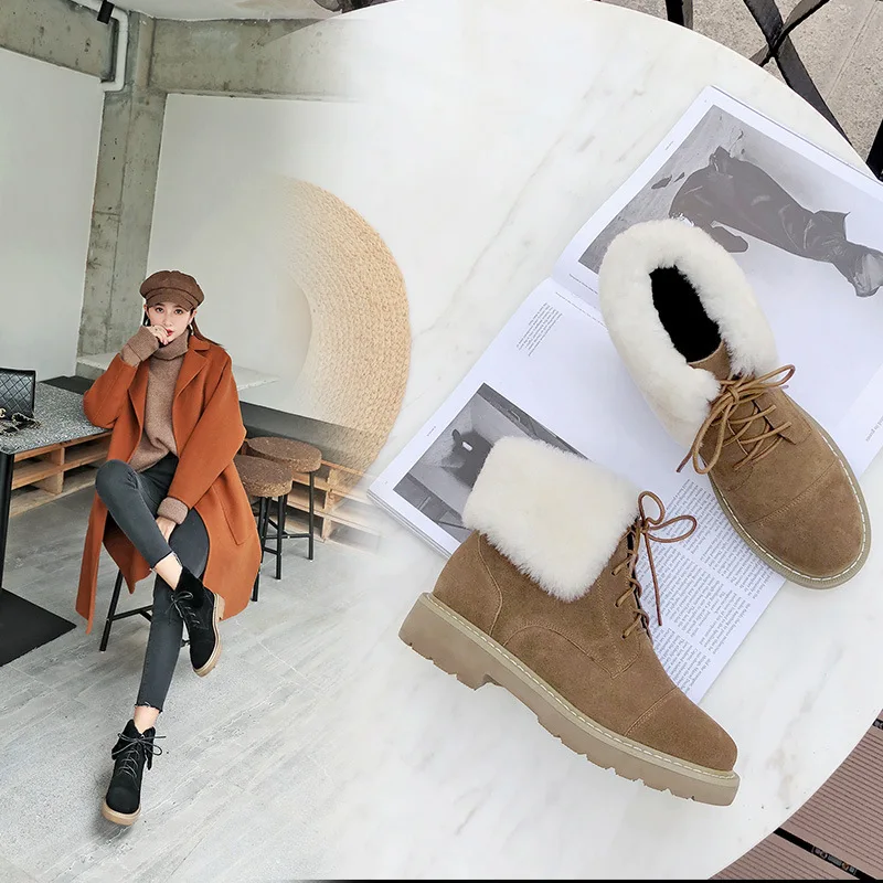 

Dull Polish Cowhide Short Boots 2018 Autumn & Winter Genuine Leather Fur Boots Lace up Front Martin Boots round-Toe Semi-high He