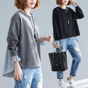 

BIG SIZE Spring Autumn Women Fashion Elegant Stripe Spliced Tops Lady Female Plus Large Long Sleeve Cotton Loose T Shirt Blusas